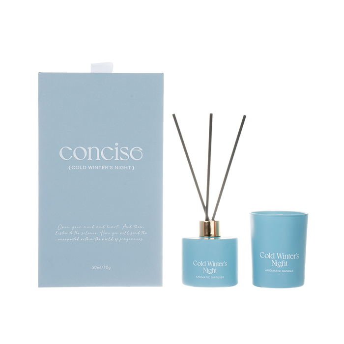 The Concise Collection Blue Gift Set Cold Winter's Night 70g/50ml Blue Scented Candle And White Reed Diffuser