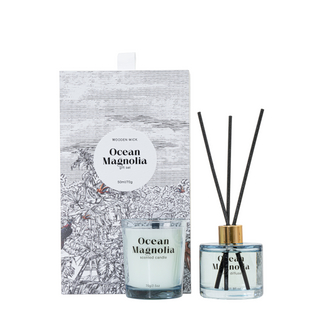 WOODWICK IS ON Collection Ocean Magnolia 70g/50ml Blue Scented Candle And Blue Reed Diffuser